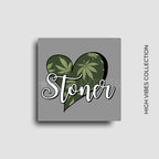 Novelty fridge magnet with heart-shaped design with cannabis leaves and 'Stoner' text on a gray background, custom square button magnet and design by ink and magnets available for wholesale orders.