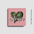 Cannabis themed novelty fridge magnet featuring a heart-shaped design with cannabis leaves and 'Stoner' text on a muave pink  background. Custom design by ink and magnets available for wholesale orders.