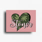 Cannabis themed novelty fridge magnet featuring a heart-shaped design with cannabis leaves and 'Stoner' text on a muave pink  background. Custom design by ink and magnets available for wholesale orders.