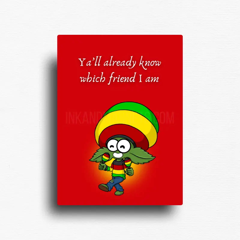Cannabis culture fridge magnet with cartoon character in rastafarian colors on red background, rectangle format