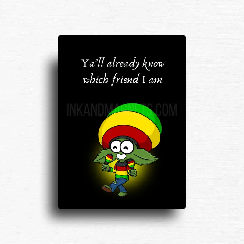 Cannabis culture magnet with cartoon character in rastafarian colors on black background, rectangle fridge magnet