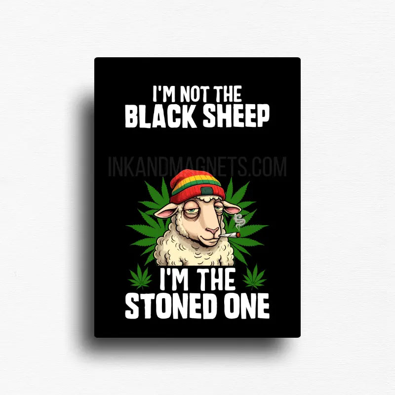 Cannabis culture novelty fridge magnet of a stoned sheep. Relatable 420 friendly gifts or for dispensary POS.