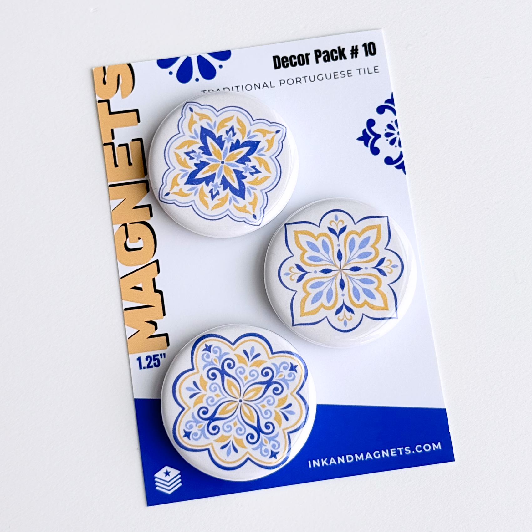 3 piece magnet set of blue and yellow traditional Portuguese tile, decor pack number 10 by ink and magnets. Great for the fridge or office magnetic board. 