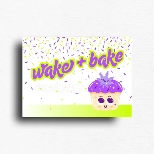 Wake and bake vibrant marijuana themed novelty fridge magnet for 420 friendly gifts and decor. Bold and bright purple and green graphics on a white background, rectangle button magnet. 