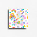 Square watercolor Pride magnet featuring whimsical pastel illustrations, rainbow hearts, peace signs, colorful lips, a rainbow flag microphone, and the phrase "Love Wins." Decorative LGBTQ+ magnet for refrigerators, lockers, office file cabinets, magnetic boards, dorm rooms, and creative spaces.