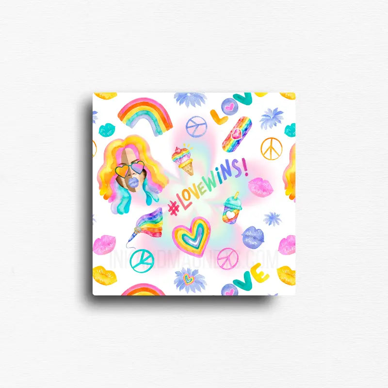 Square watercolor Pride magnet featuring whimsical pastel illustrations, rainbow hearts, peace signs, colorful lips, a rainbow flag microphone, and the phrase "Love Wins." Decorative LGBTQ+ magnet for refrigerators, lockers, office file cabinets, magnetic boards, dorm rooms, and creative spaces.